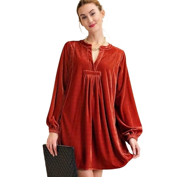 easel Dresses & Skirts - Easel Soft Velvet Babydoll Mini Tunic Dress Long Sleeve Rust Orange L Boho Luxe